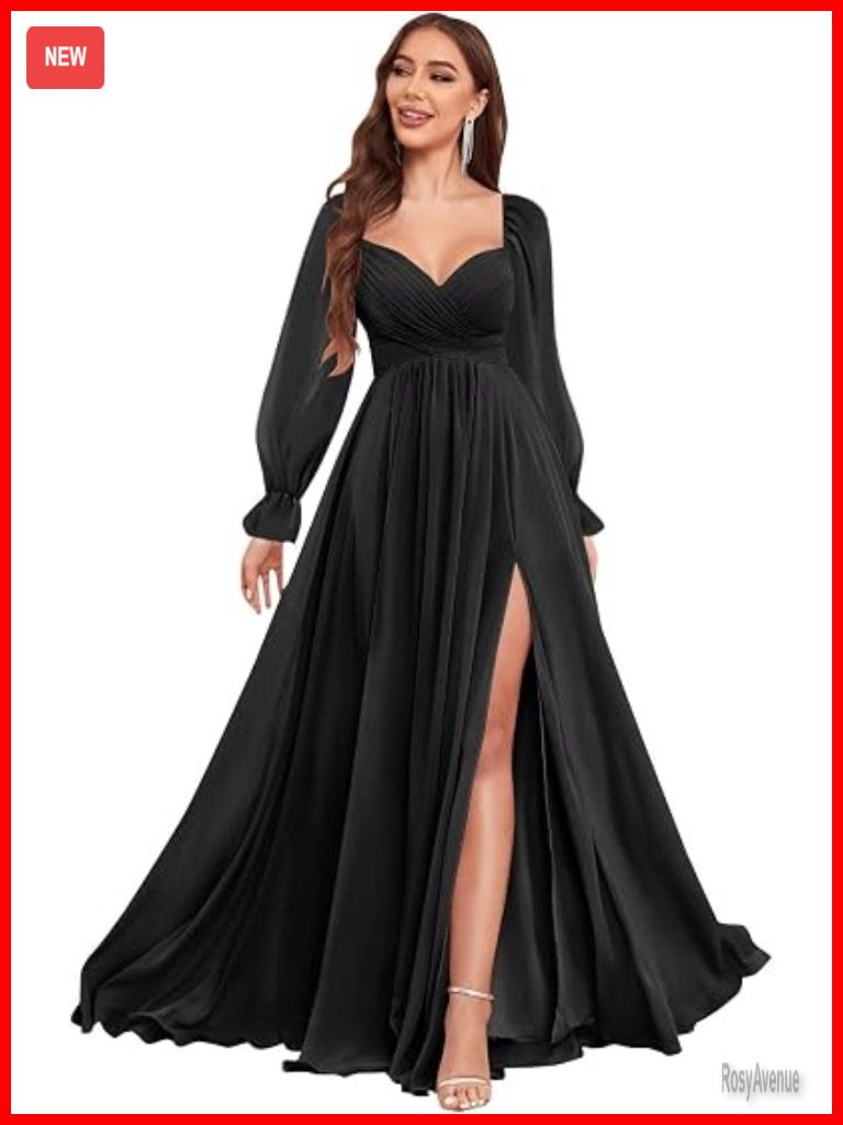 Long Sleeve Chiffon Bridesmaid Dress With Slit Formal Evening Gown
